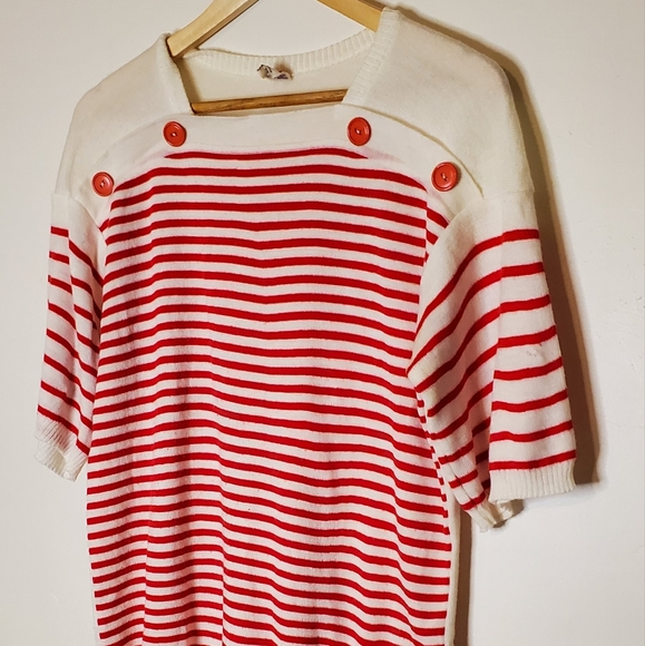 (Red &) White Stripes Red and White Striped Short Sleeve Knit Sweater Shirt - Picture 3 of 14